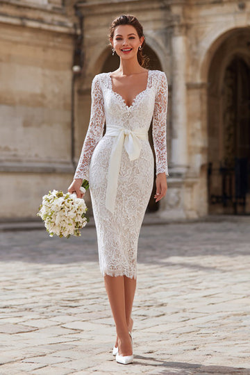 Ivory Lace Bodycon Långärmad Midi Förlovningsklänning med Skärp